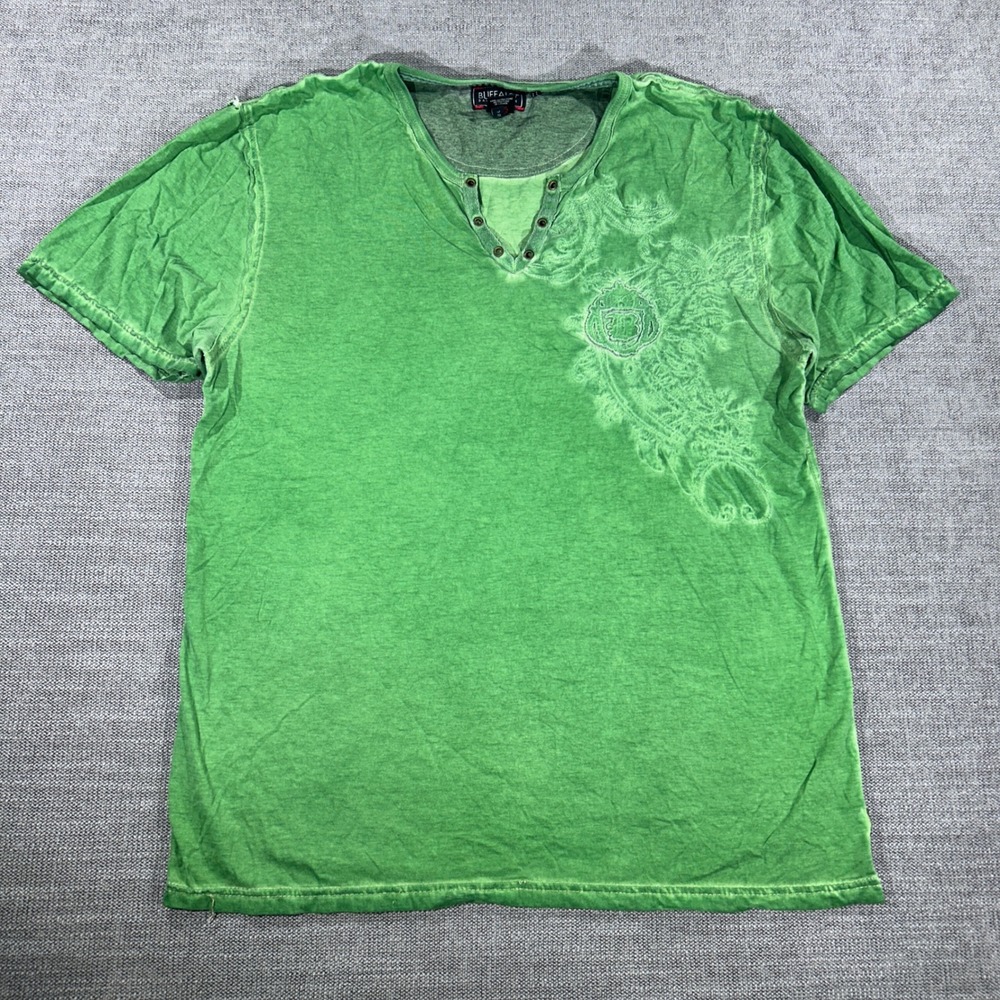 Buffalo David Bitton Henley Shirt Mens XL Green Good Embroidered Graphic Tee